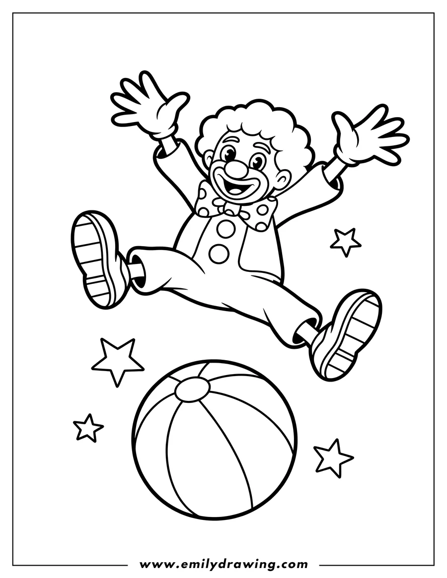 Line art of a clown jumping over a ball, with stars around him.