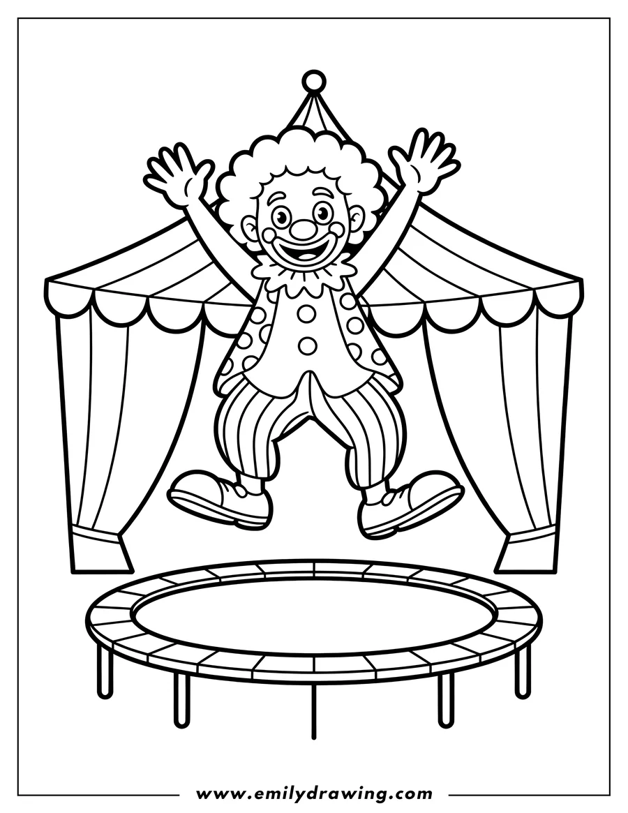 Line art of a clown jumping on a trampoline in front of a circus tent.