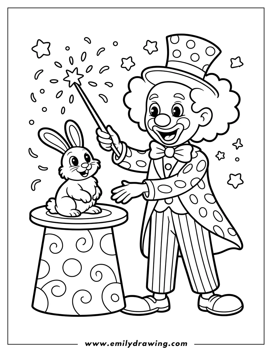 Line art of a clown performing a magic trick with a rabbit and wand. The rabbit is on a small pedestal, and the clown is holding a wand with sparkles.