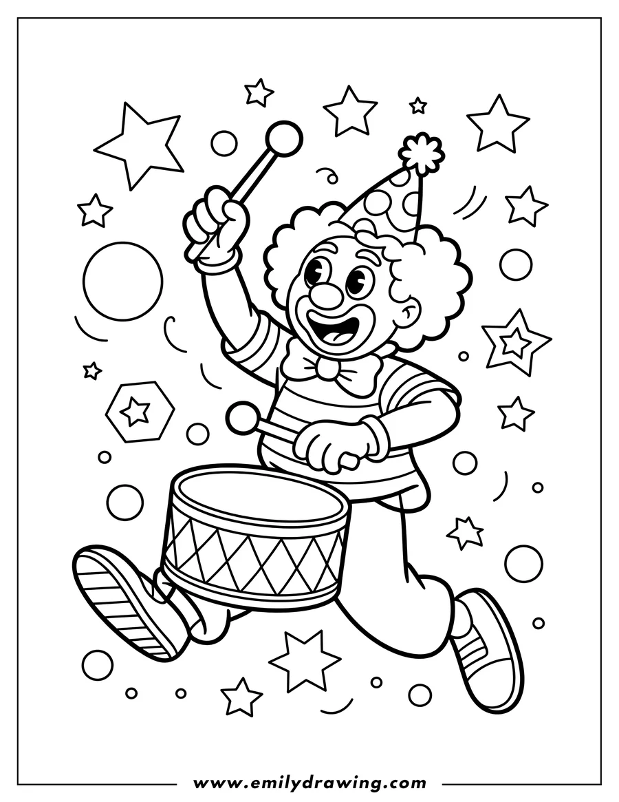 Line art of a clown marching and playing a drum. He's wearing a party hat and has drumsticks in his hands.