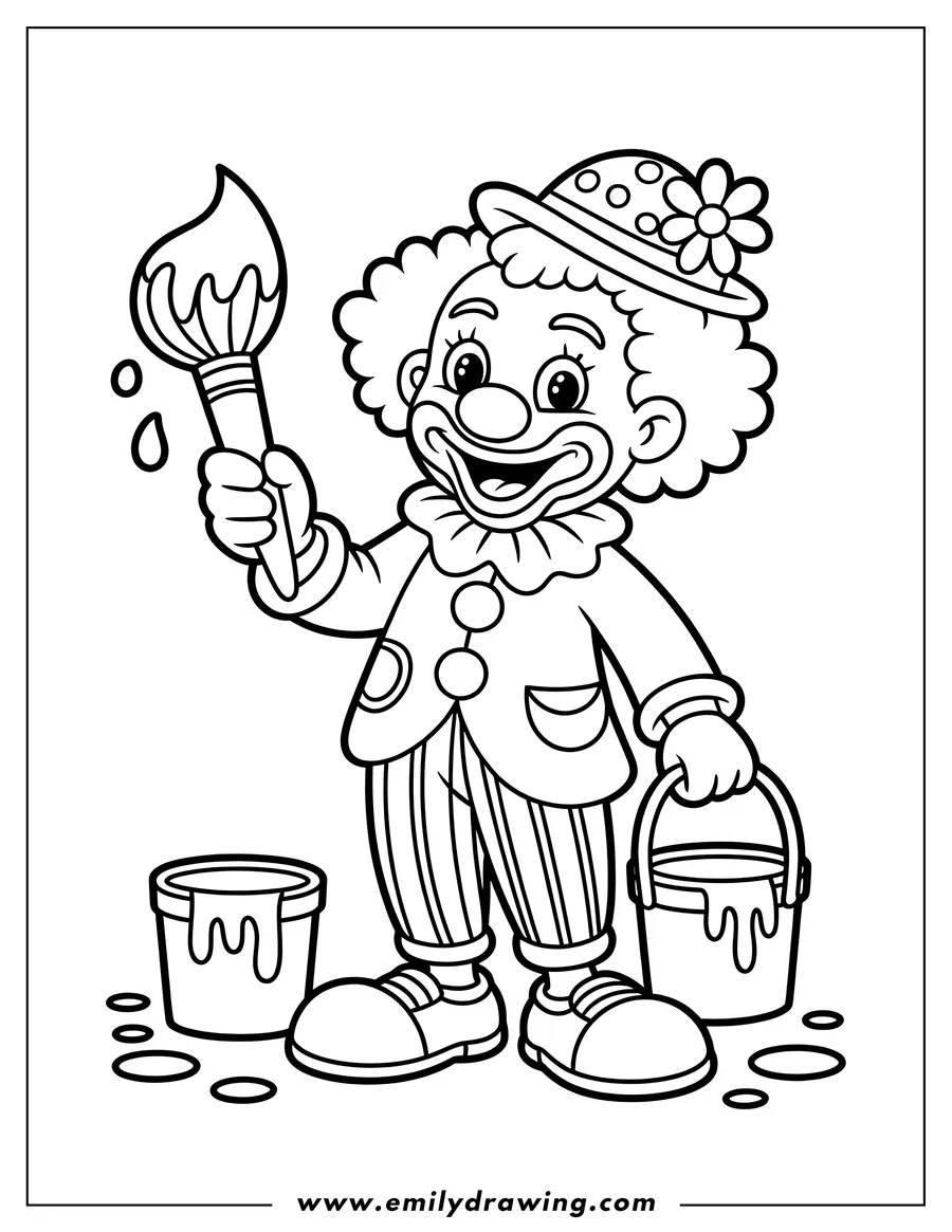 Line art of a friendly clown holding a paintbrush, with two paint buckets at his feet. One bucket is dripping paint.