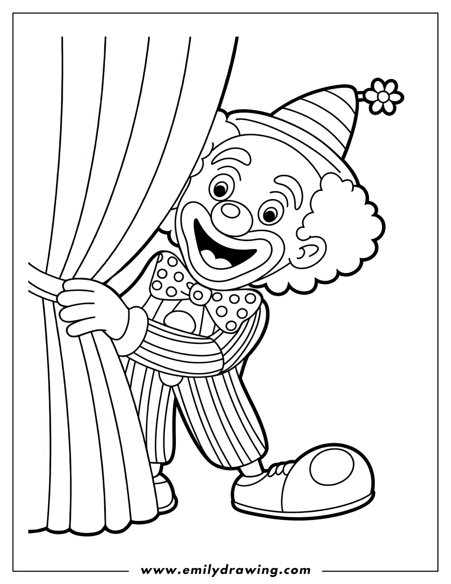 Line art of a cheerful clown peeking from behind a curtain. He's wearing a striped hat with a flower, a polka dot bow tie, and oversized shoes.