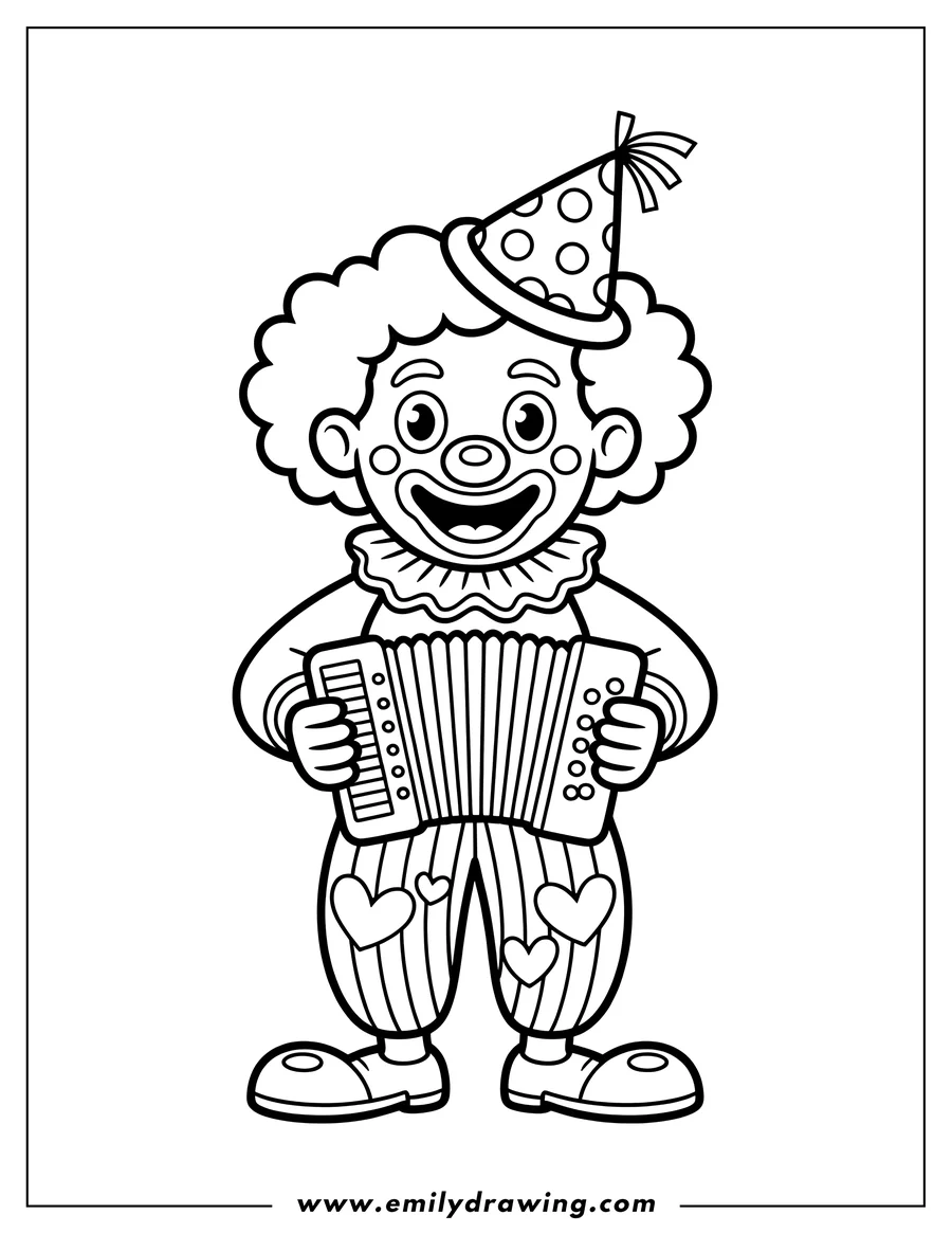 Line art of a clown wearing a party hat and playing an accordion. He has a ruffled collar, heart-decorated pants, and big shoes.