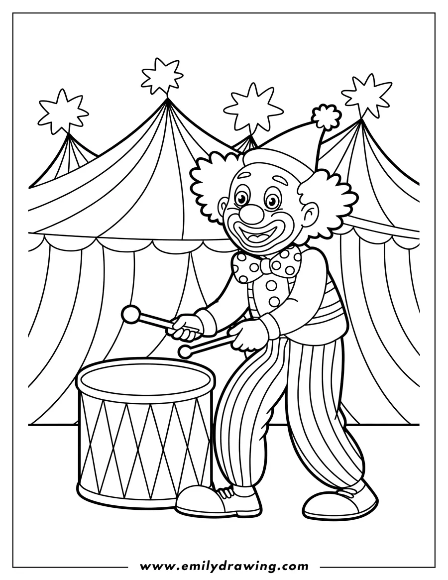 Outline of a clown with a big smile playing a drum near a circus tent.