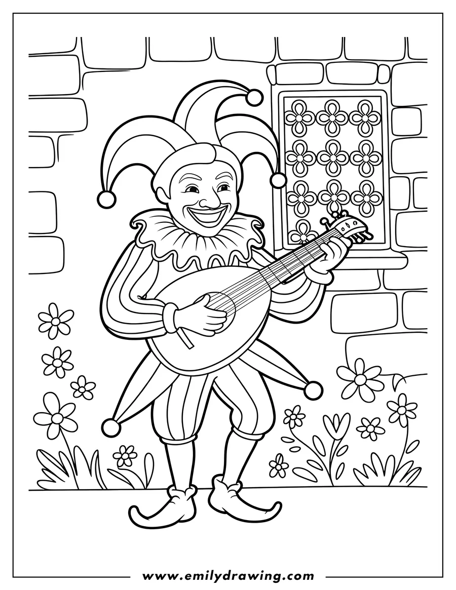 Line art of a clown playing a lute. He's wearing a jester's hat and smiling. There are flowers and a window in the background.