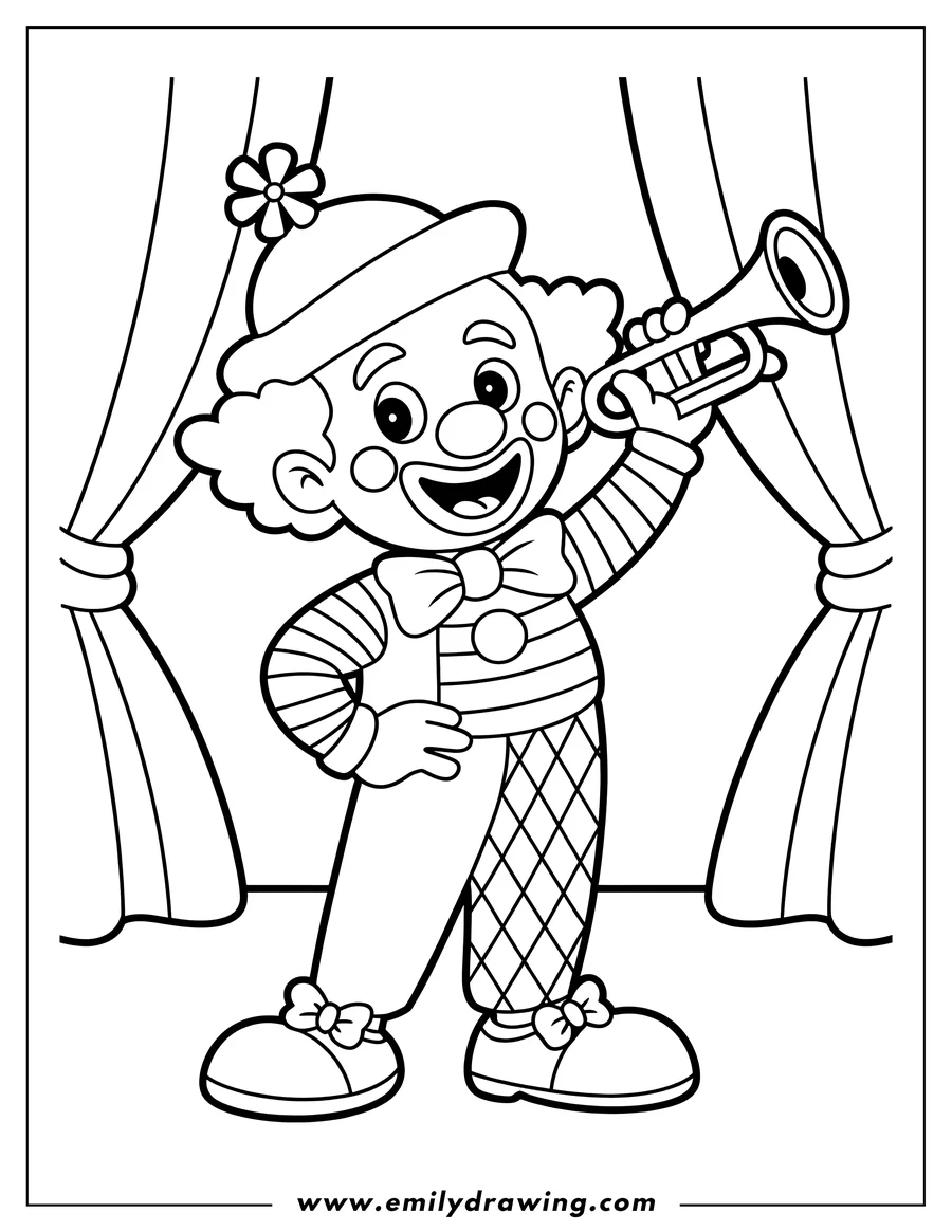 Line art of a clown playing a trumpet on a stage with curtains.