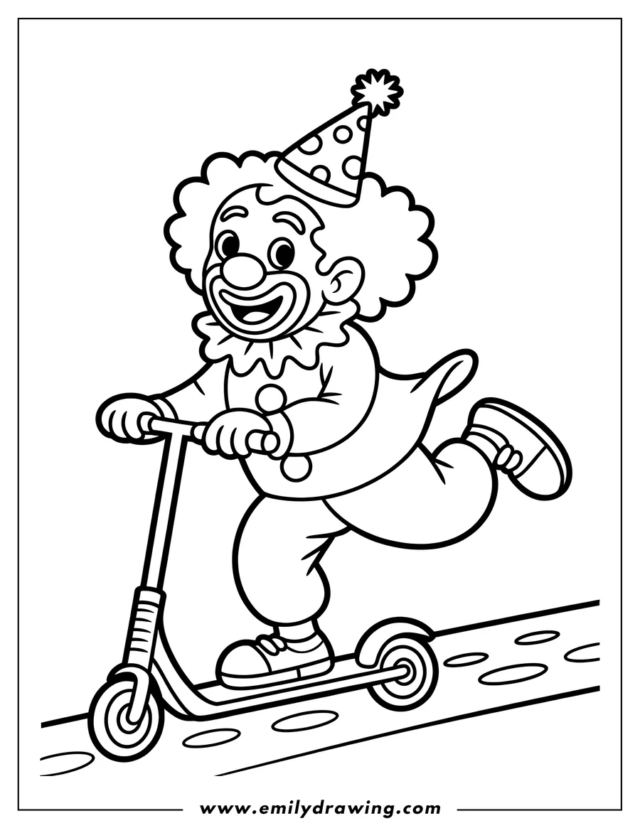 Line art of a clown riding a scooter. He's wearing a party hat and big shoes.