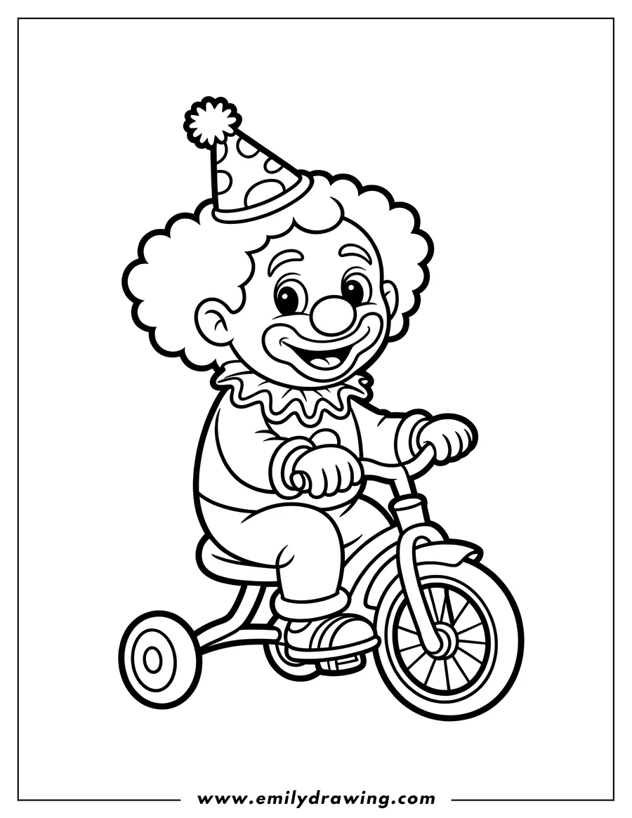 Line art of a clown riding a tricycle with a party hat.