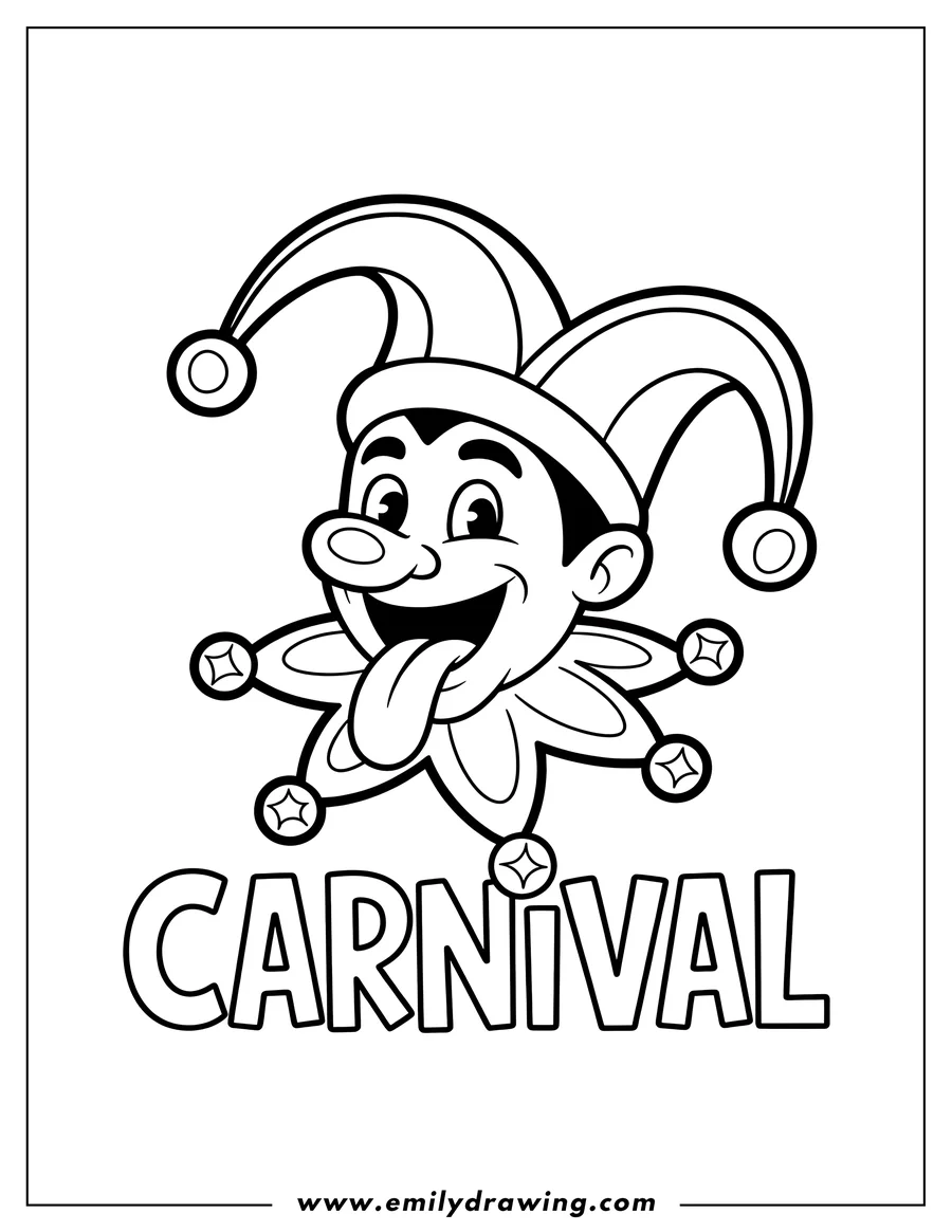 Line art of a cheerful clown sticking out their tongue. They wear a classic jester's hat with bells.