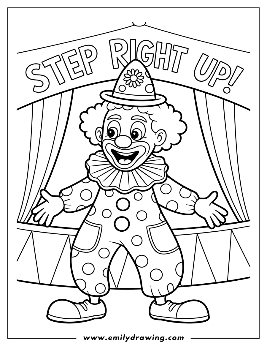 Line art of a cheerful clown standing under a sign that reads