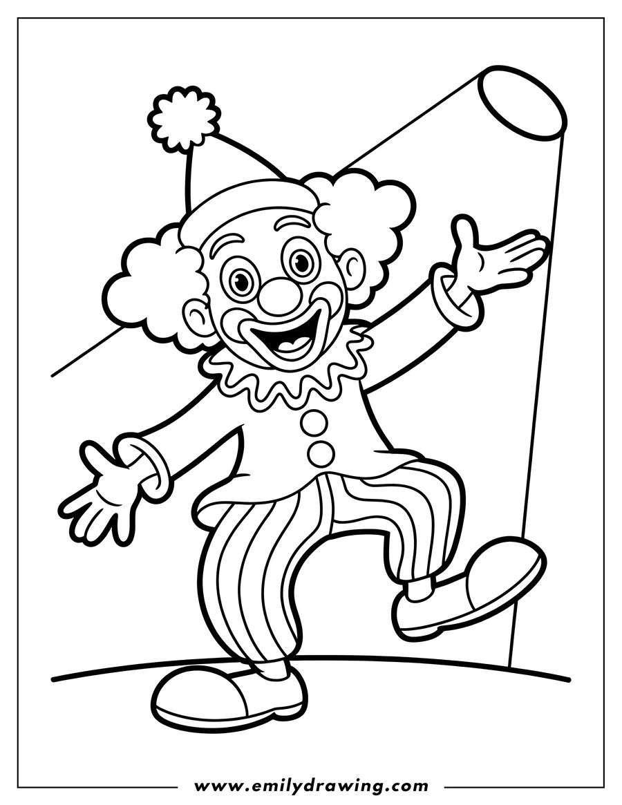 Line art of a friendly clown waving, wearing a pom-pom hat and striped pants.