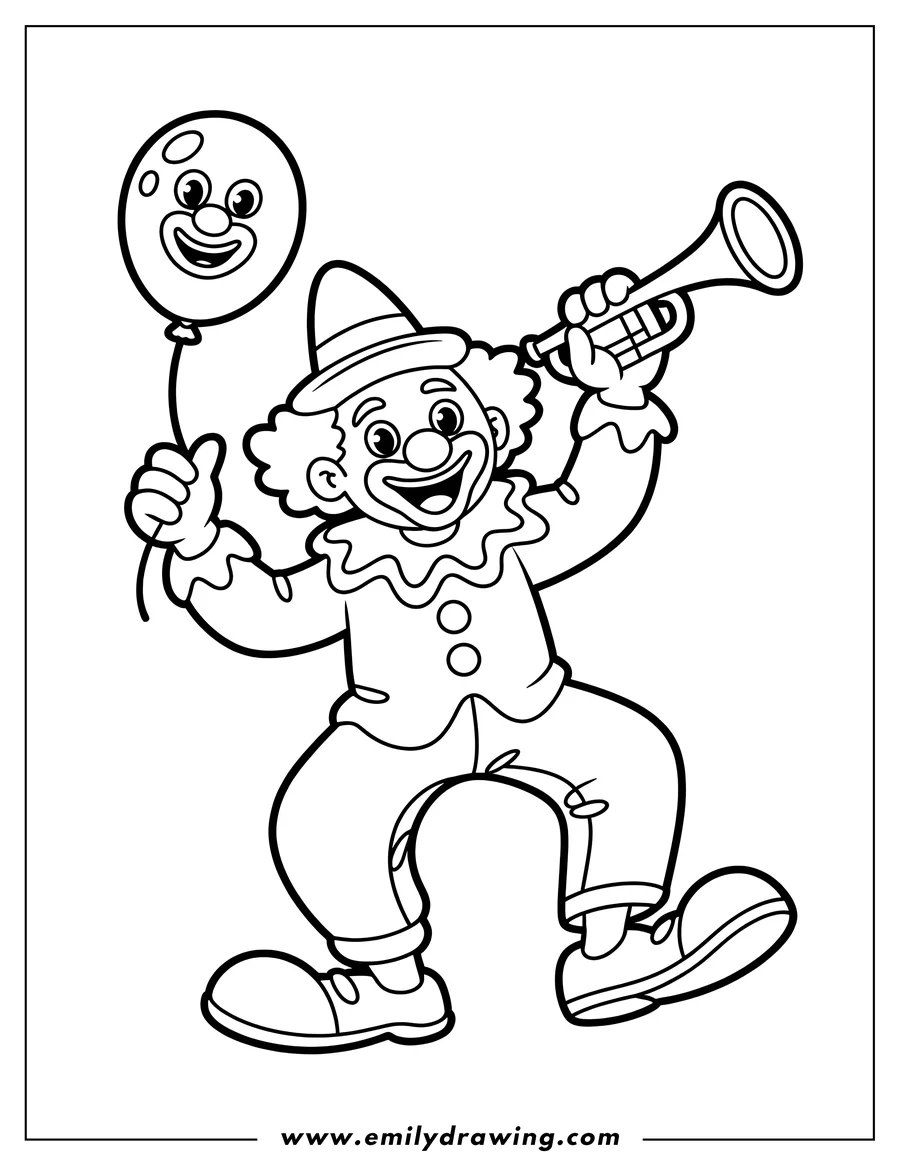Line art of a clown holding a balloon and playing a trumpet. The clown is smiling and wearing a classic clown outfit.