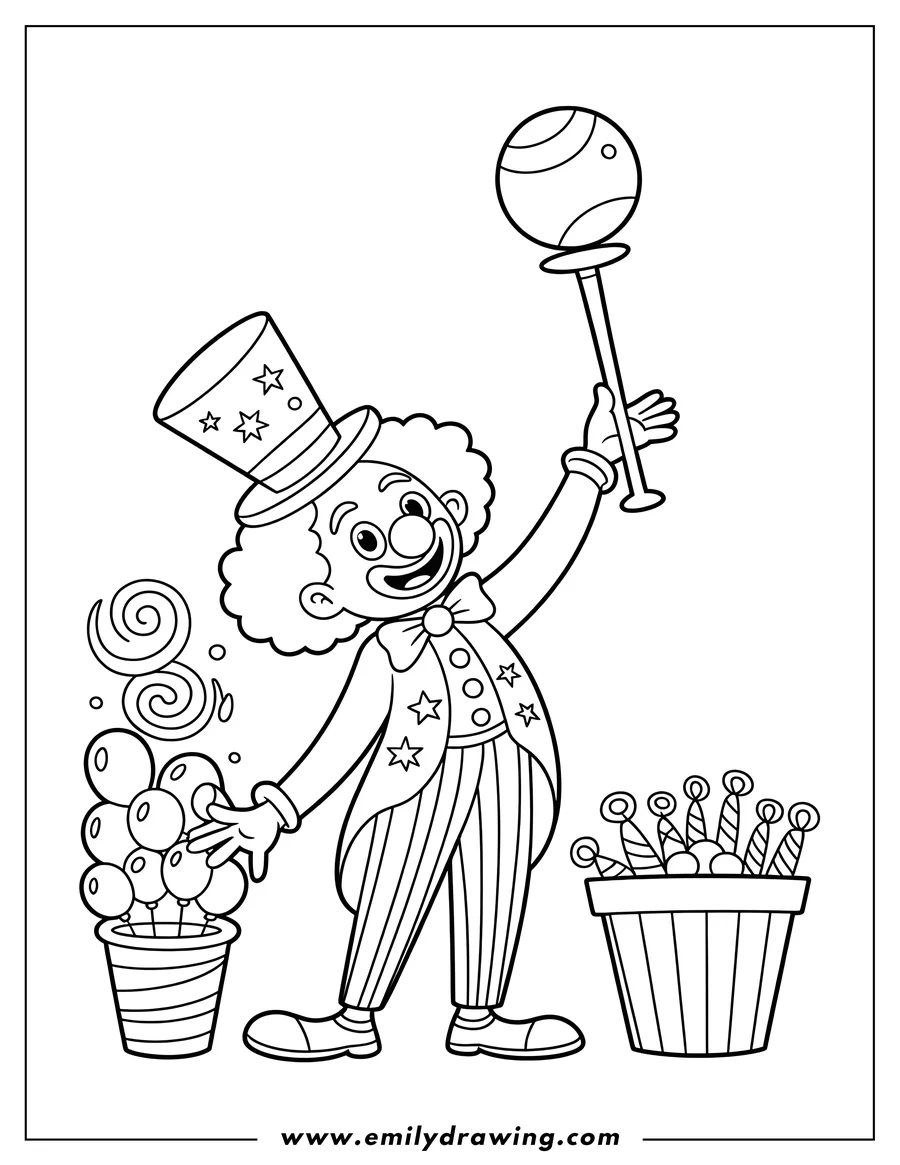 Line art of a clown holding a lollipop, with balloons and a basket of candy.