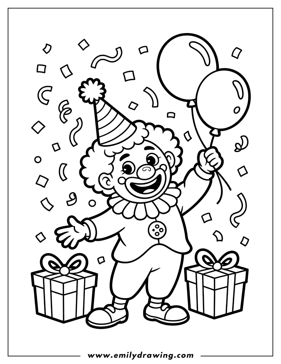 Line art of a cheerful clown holding balloons, standing between two presents with a party hat and confetti in the background.