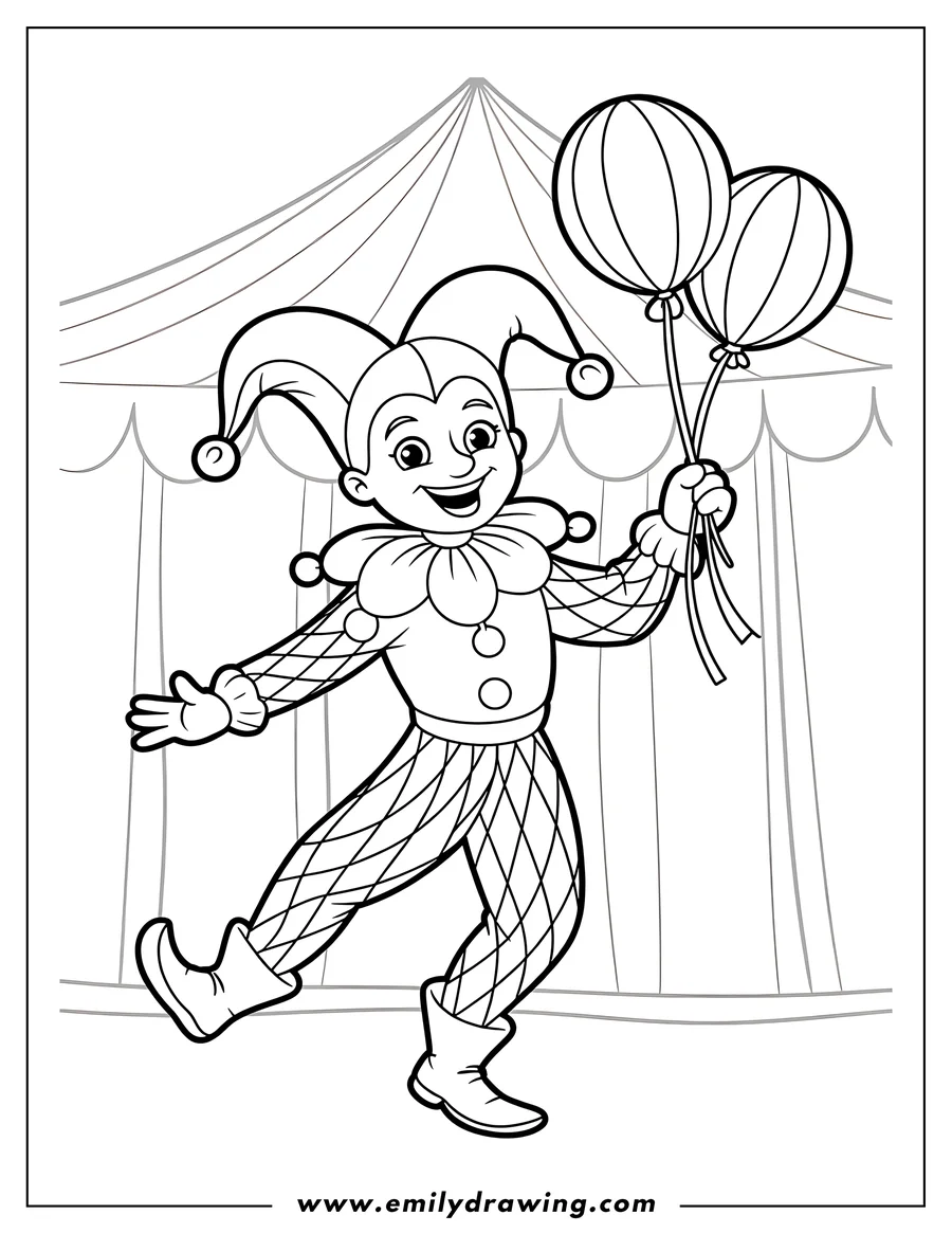 Outline of a cheerful clown holding two balloons in front of a circus tent.