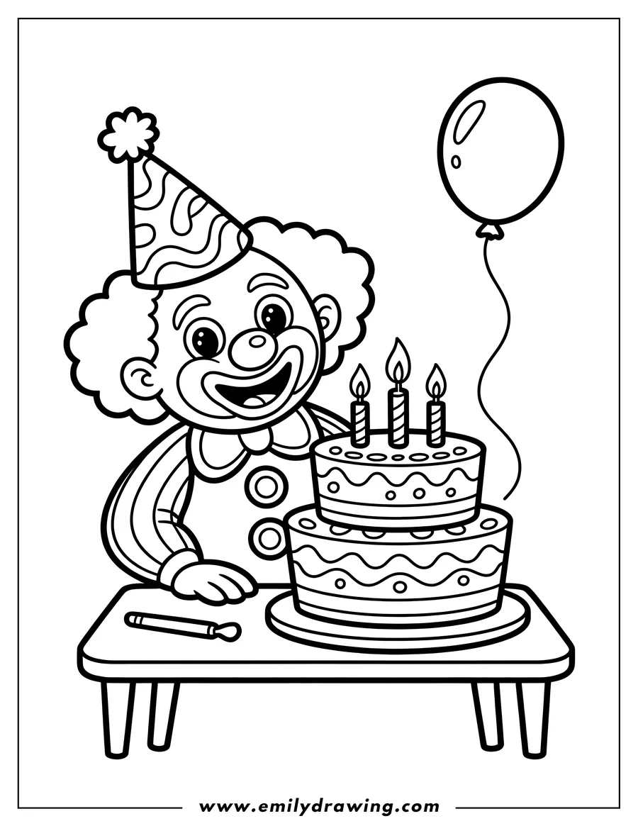 Outline of a clown wearing a party hat sitting at a table with a two-tiered birthday cake with three lit candles and a balloon floating nearby.