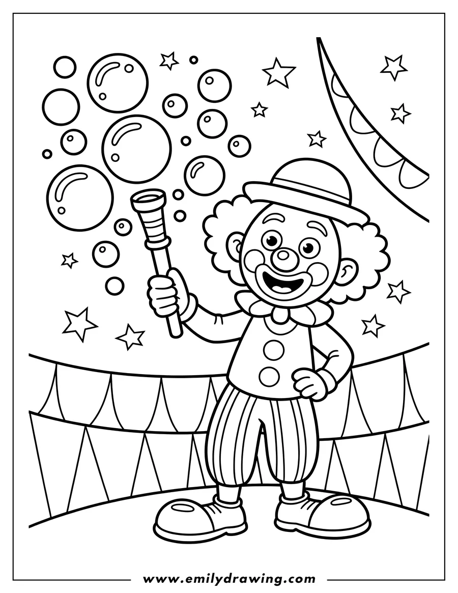 Line art of a cheerful clown holding a bubble wand and making bubbles in a circus tent.