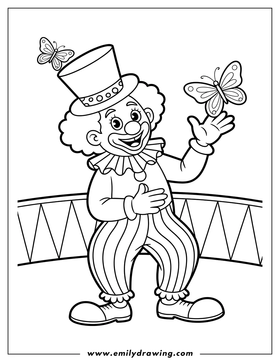 Outline of a friendly clown with a butterfly perched on one hand, standing in a circus ring.