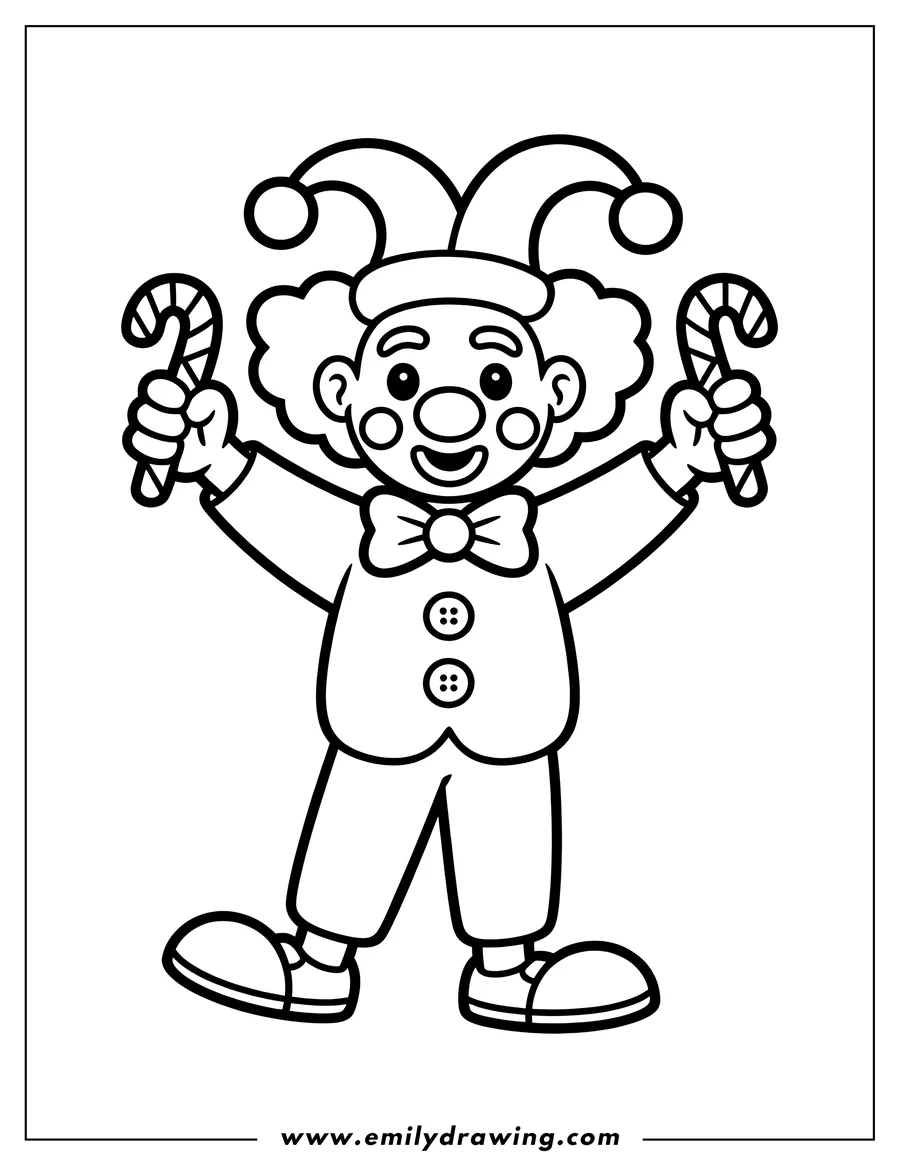 Line art of a clown holding two candy canes, wearing a jester's hat, bow tie, and buttoned shirt.