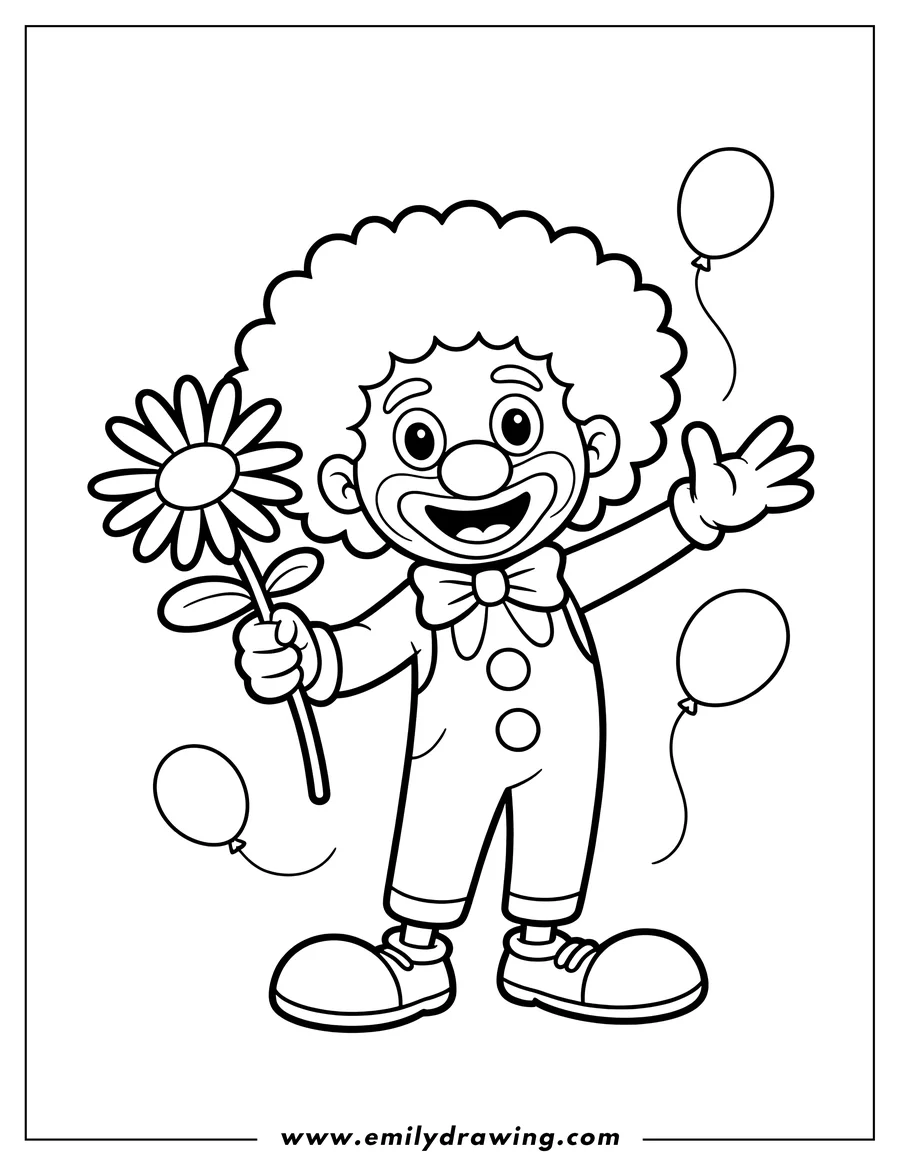 Line art of a friendly clown holding a daisy-like flower and waving, with balloons floating nearby.