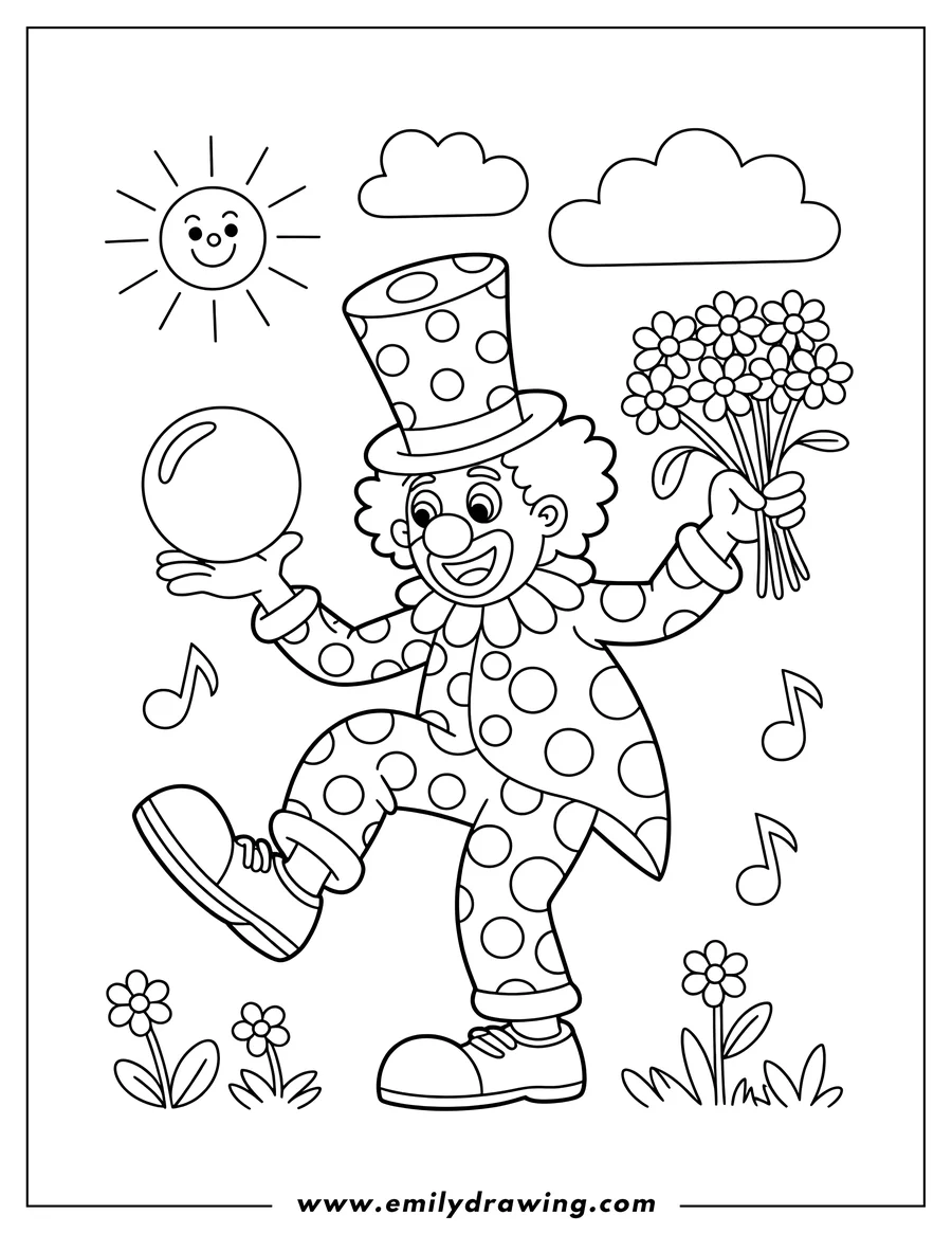 Line art of a cheerful clown holding a ball and a bouquet of flowers. The clown is wearing a polka-dotted outfit and a top hat, set against a backdrop of a smiling sun, clouds, and small flowers.