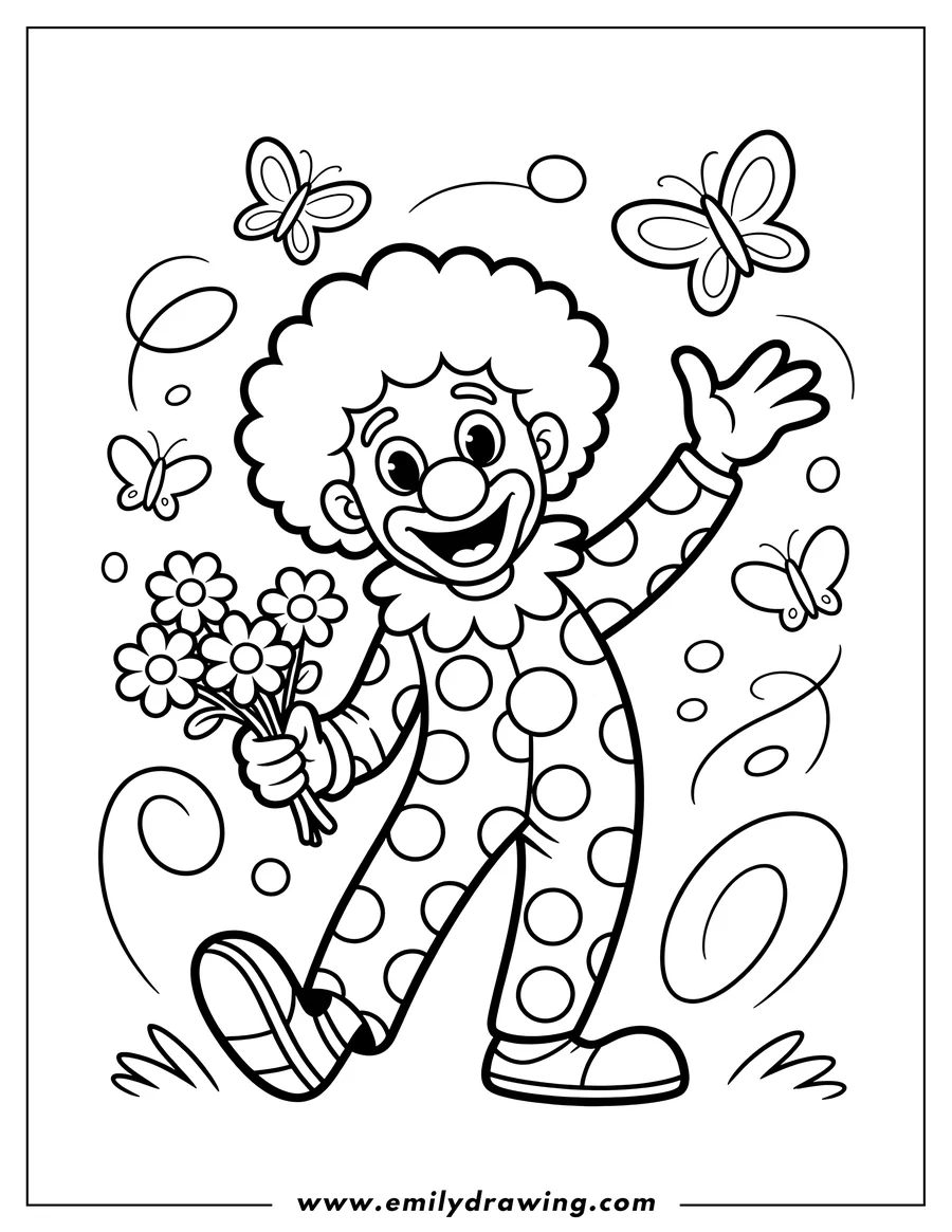Line art of a friendly clown holding a bouquet of flowers, surrounded by butterflies.