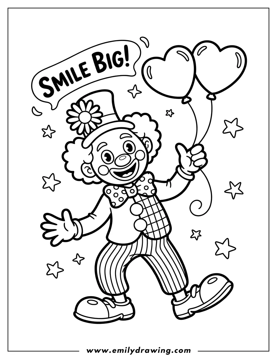 Line art of a smiling clown holding two heart-shaped balloons, wearing a hat with a flower, and giving a thumbs-up.