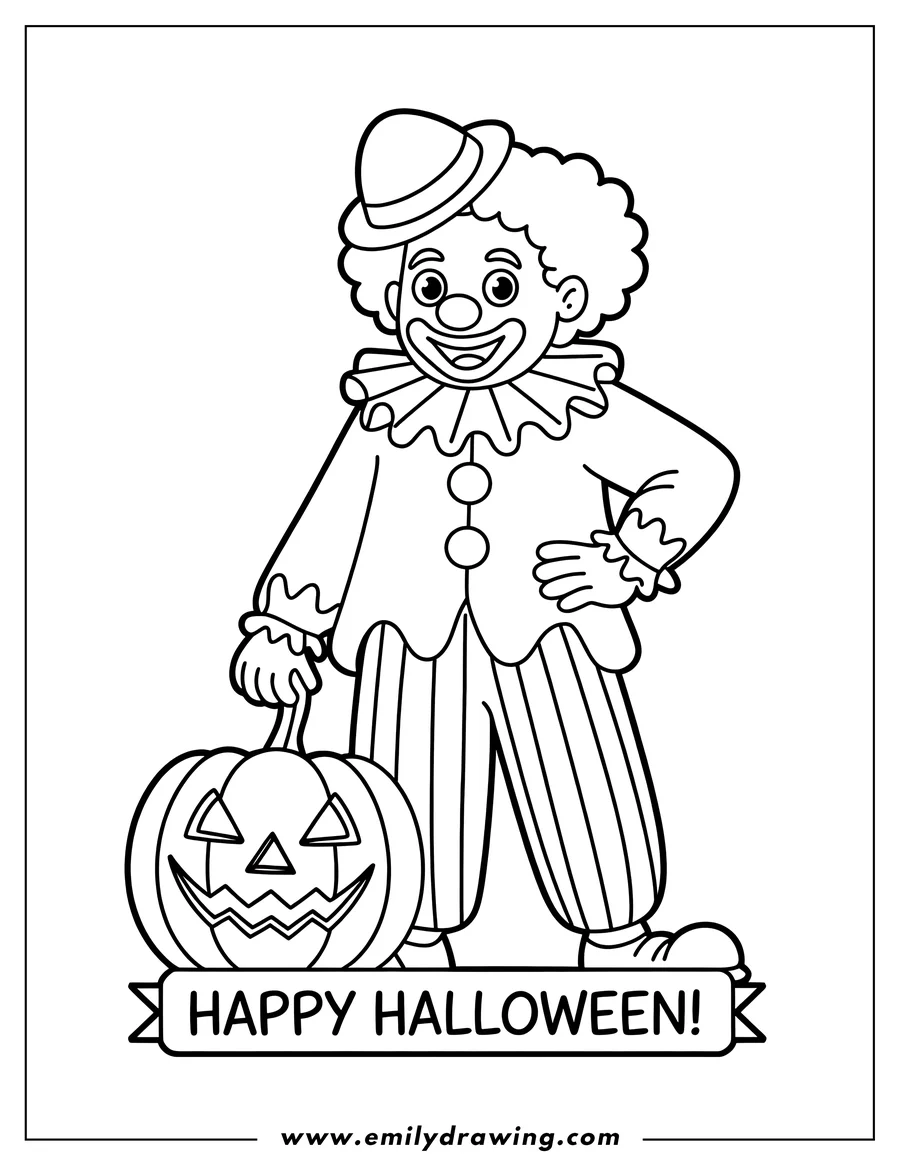 Line art of a clown holding a carved pumpkin for Halloween.
