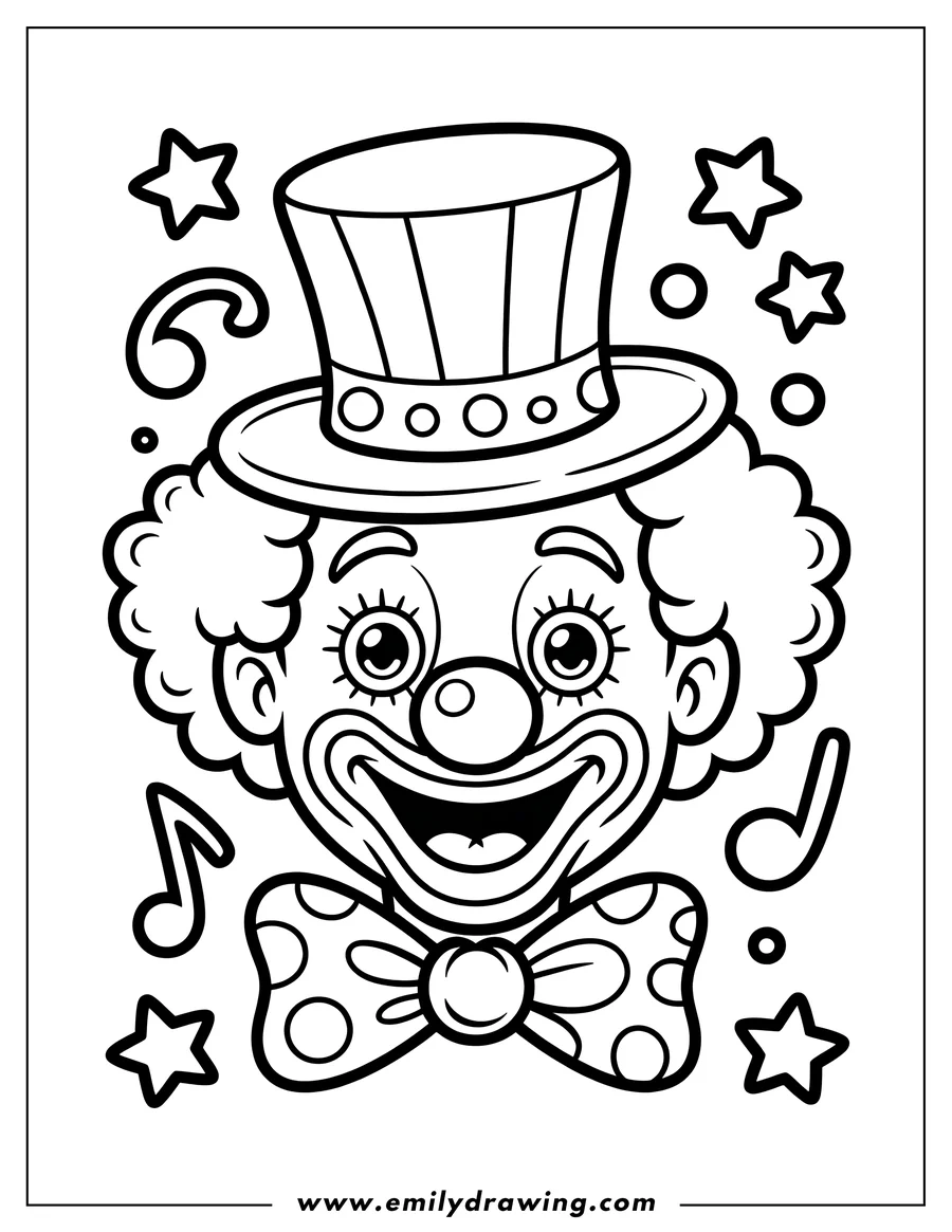 Line art of a clown wearing a top hat and a polka dot bow tie. He has a big smile, rosy cheeks, and curly hair.