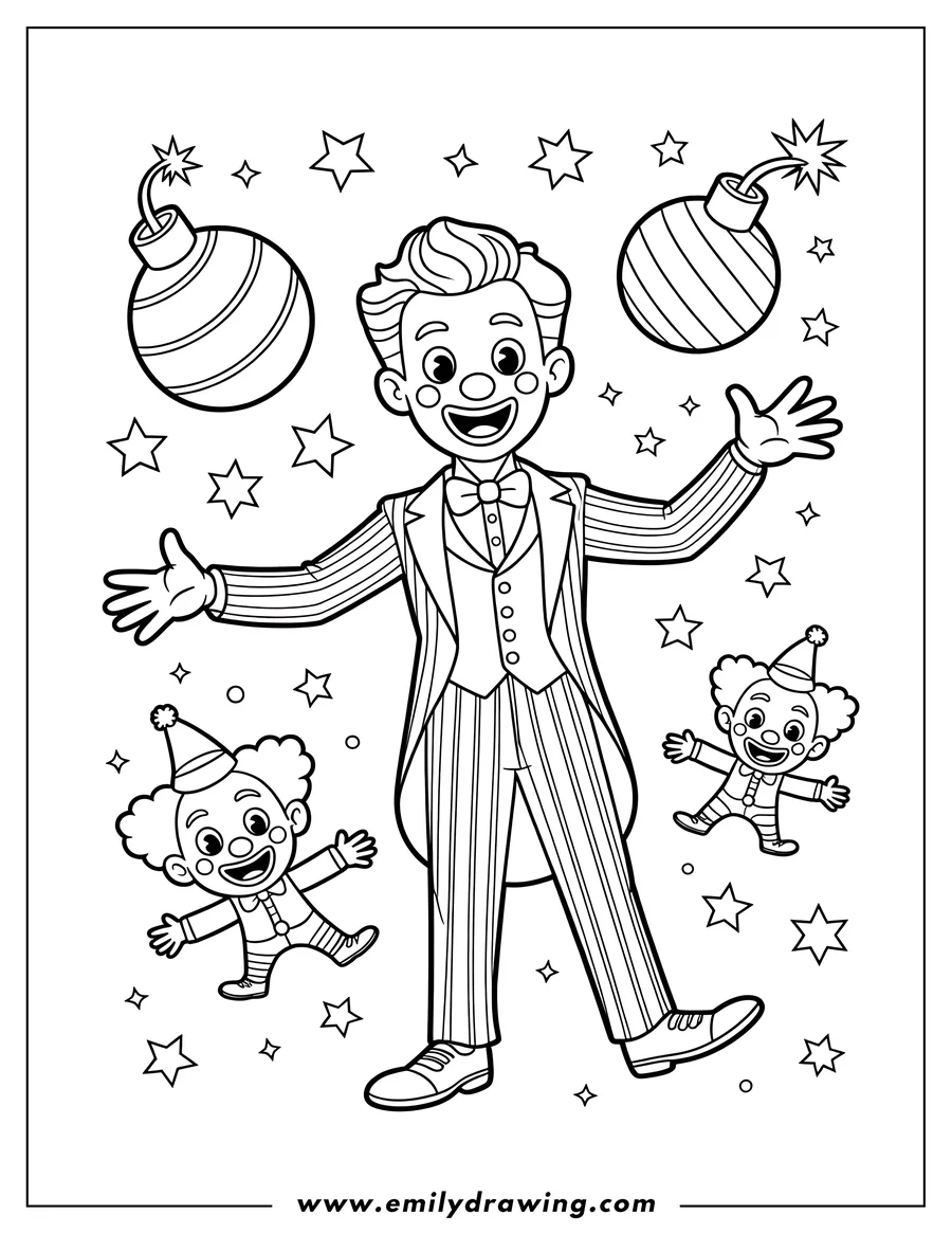 Line art of two clowns and bombs with decorative stars.