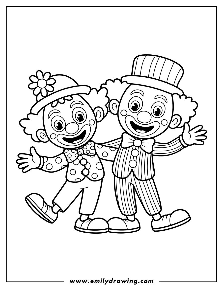 Two friendly clowns standing side by side, ready to entertain.