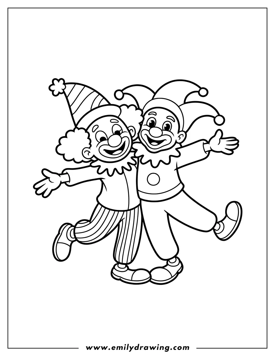 Line art of two happy clowns dancing. They're wearing clown costumes, one with a striped party hat and the other with a jester's hat.