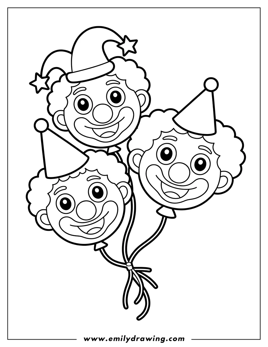 Line art of three clown faces shaped like balloons. Two clowns wear pointy hats and one wears a jester hat.