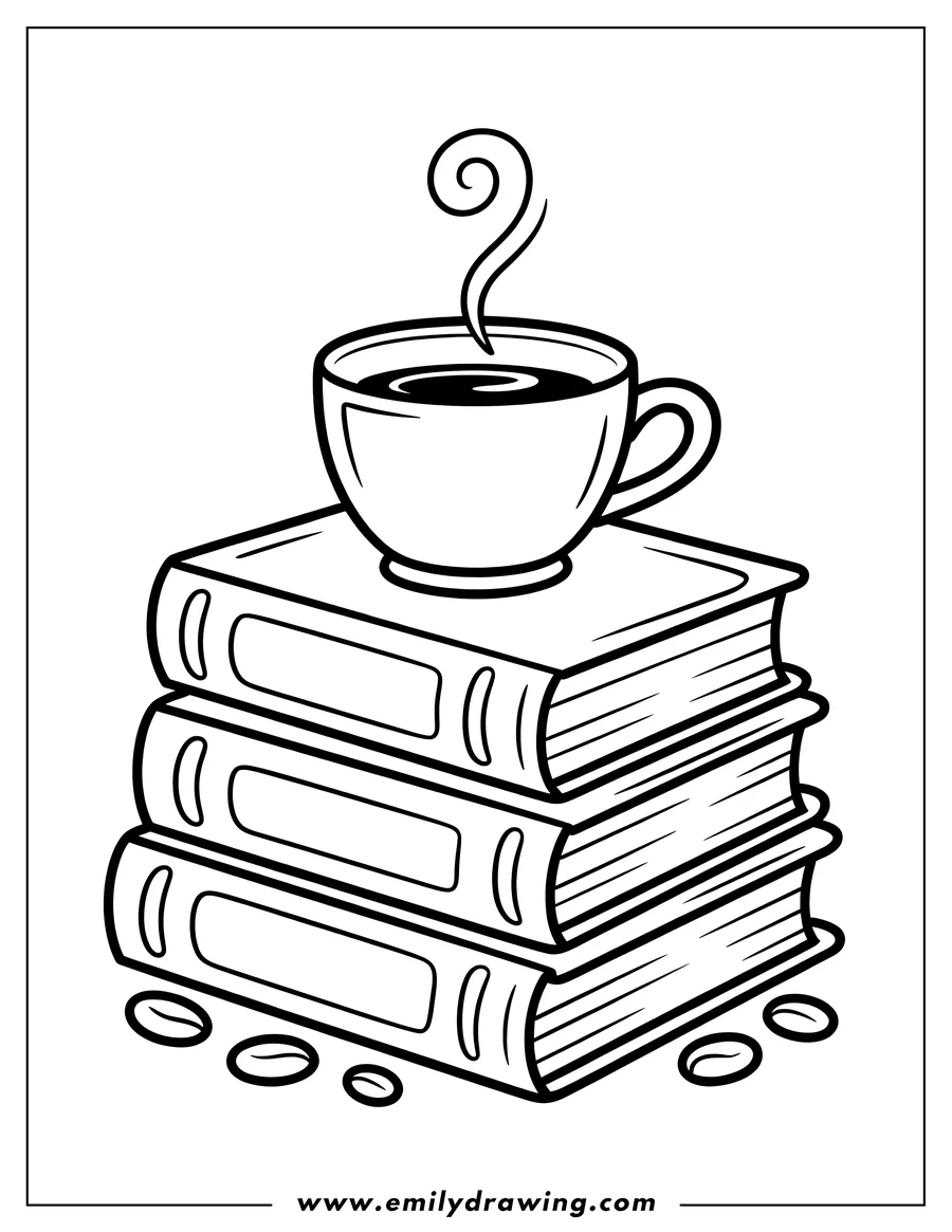 Line art of a steaming coffee cup sitting on a stack of three books, with coffee beans scattered nearby.