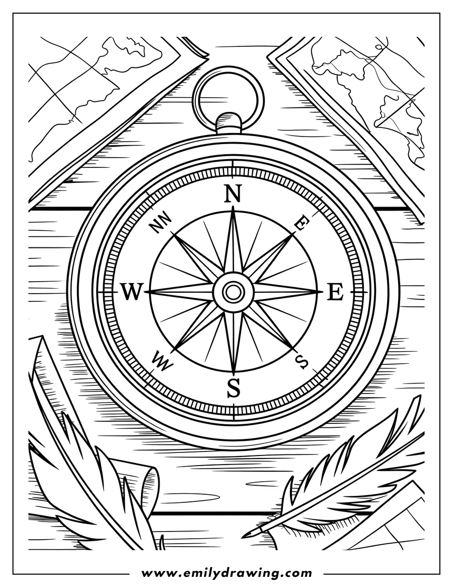 Line art of a compass with maps and quill pens on a wooden table.