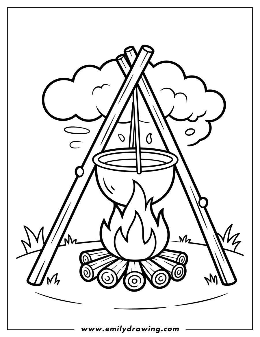 Line art of a cooking pot hanging over a campfire, ready for some treats.