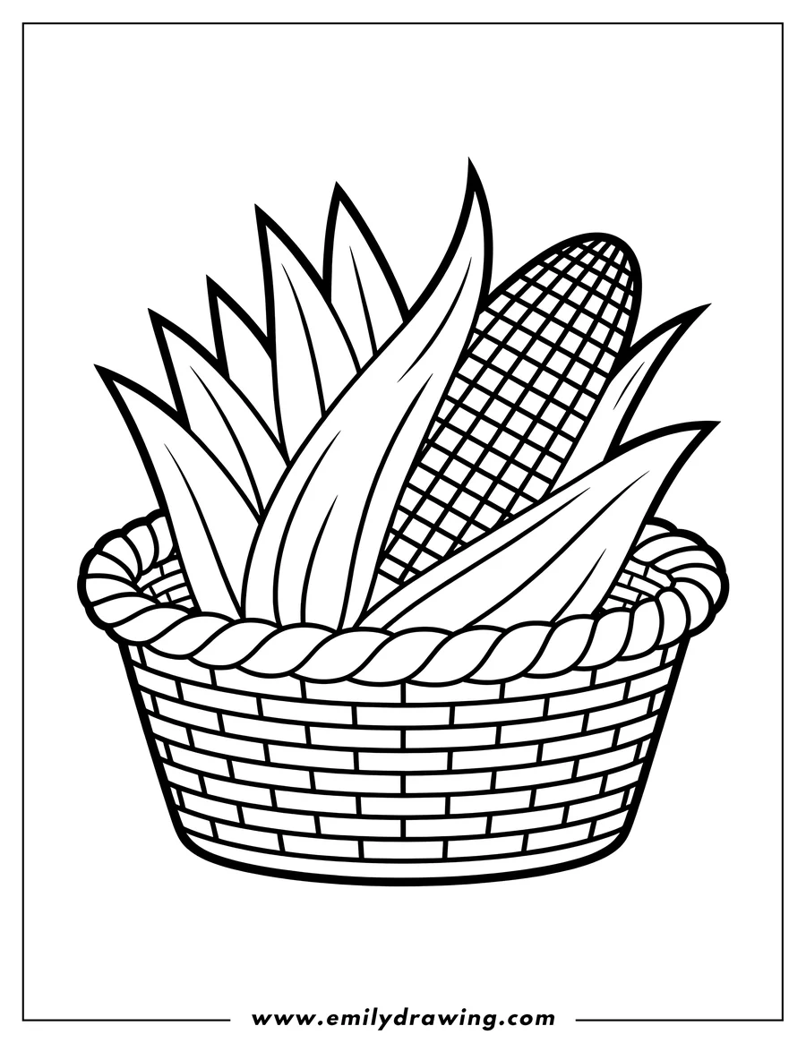 Outline of an ear of corn nestled in a woven basket.
