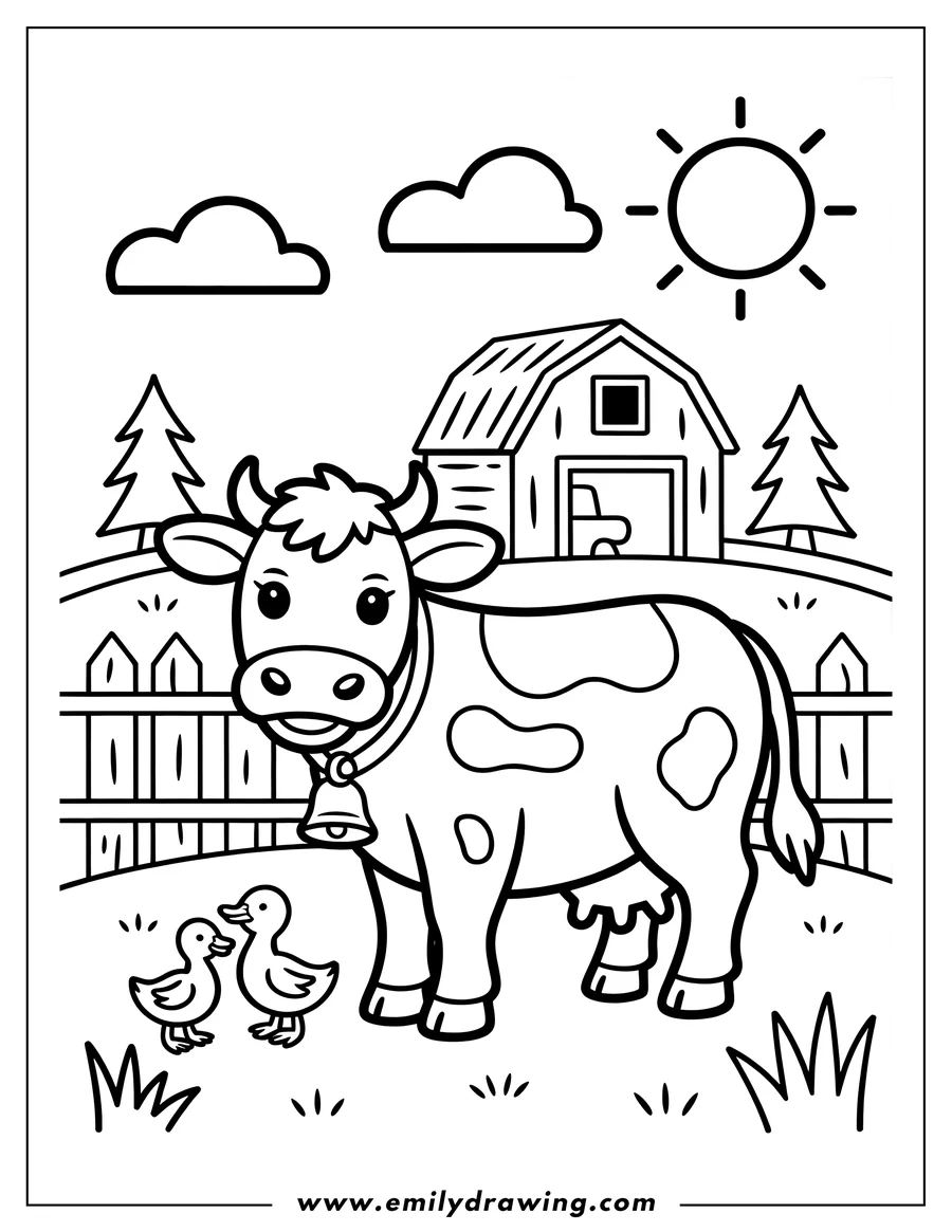 Outline of a cow with a bell around its neck standing near two ducklings on a farm, with a barn, fence, trees, and sun in the background.