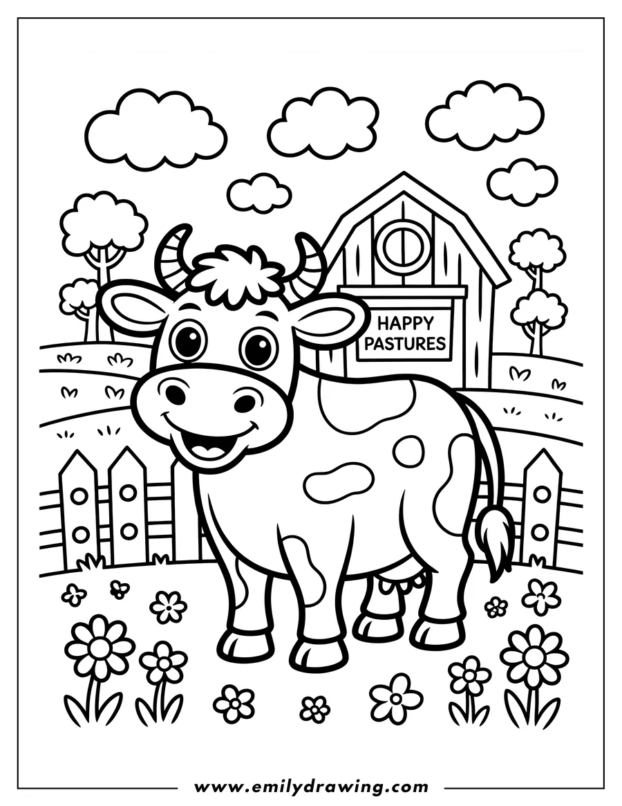 Outline of a friendly cow standing in the grass near a wooden barn and fence.