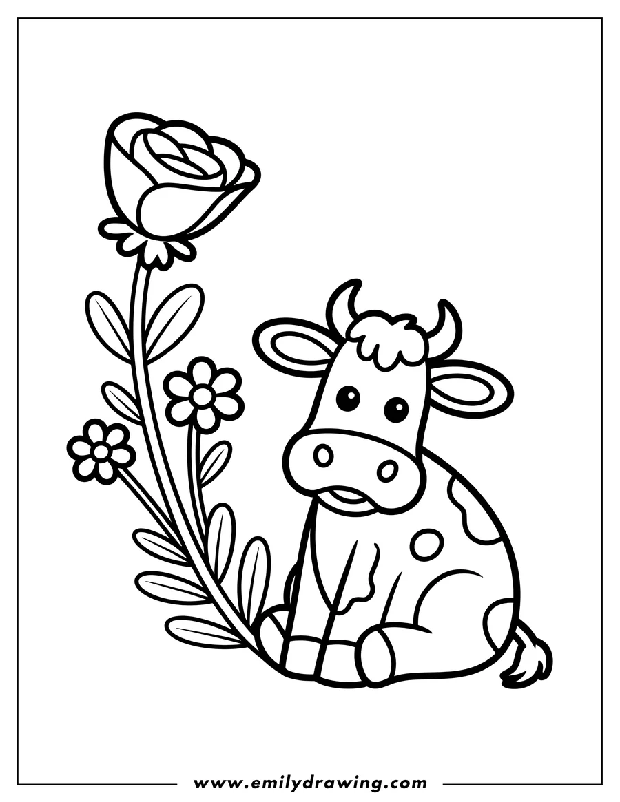 Outline of a cow sitting near flowers.