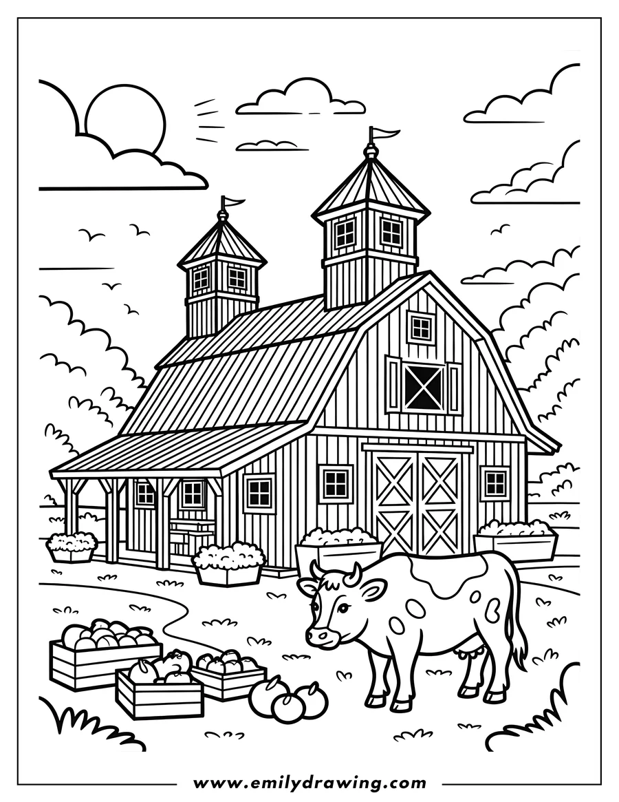 Outline of a cow standing near a barn with crates of apples and oranges in the foreground.
