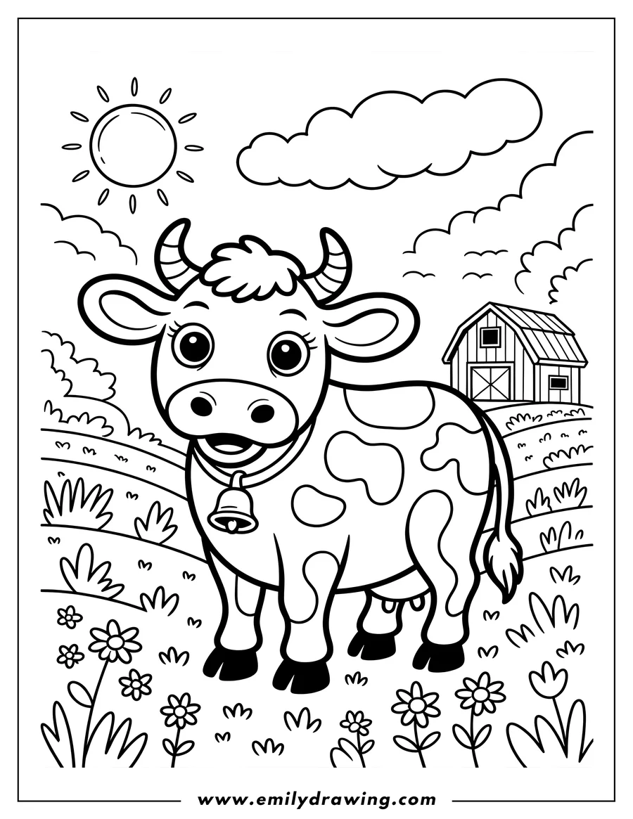 Line drawing of a cow with a bell around its neck, standing in a field with flowers and a barn in the background.