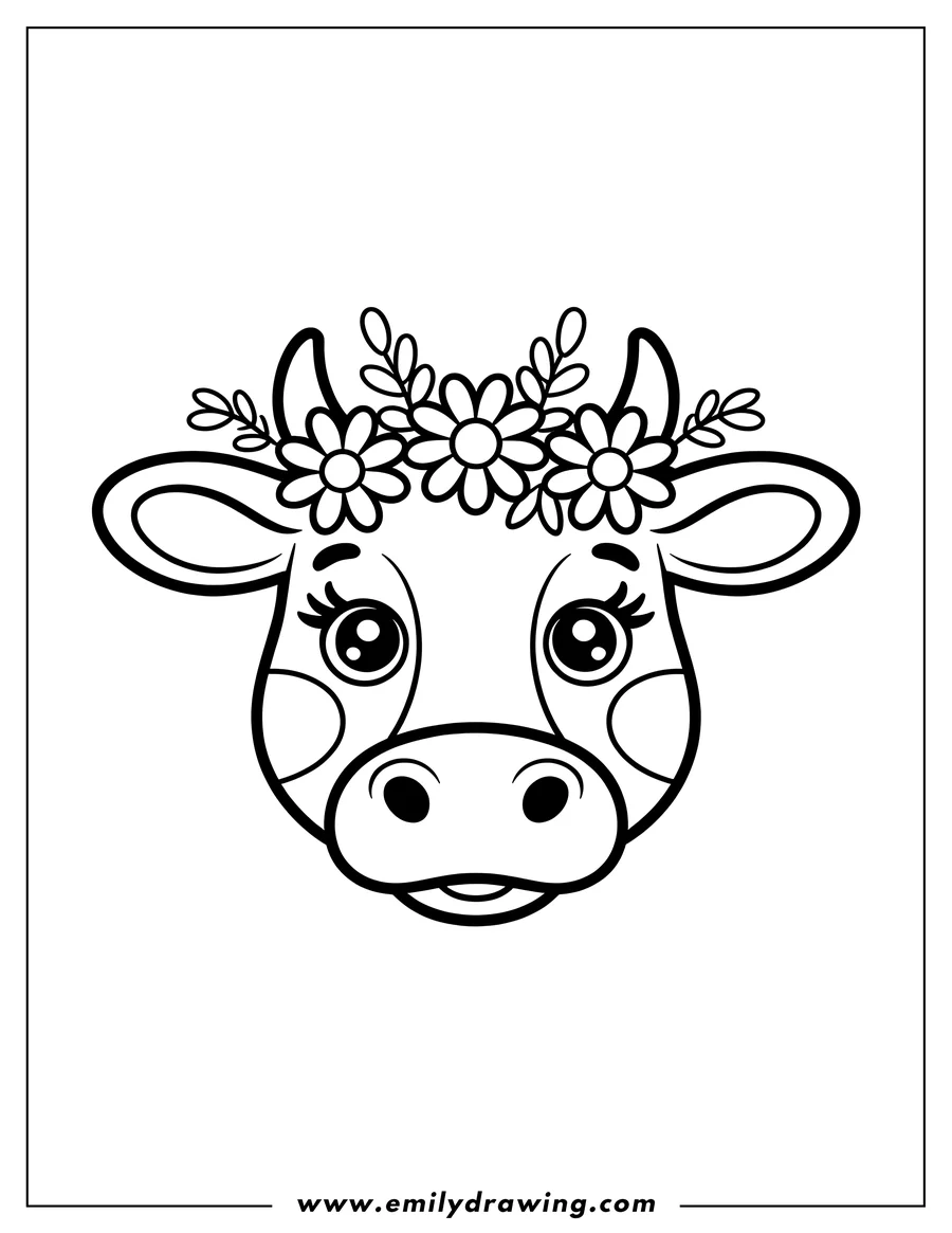 Outline of a cow's head wearing a crown of daisies and leaves. The cow has large, friendly eyes and is smiling.