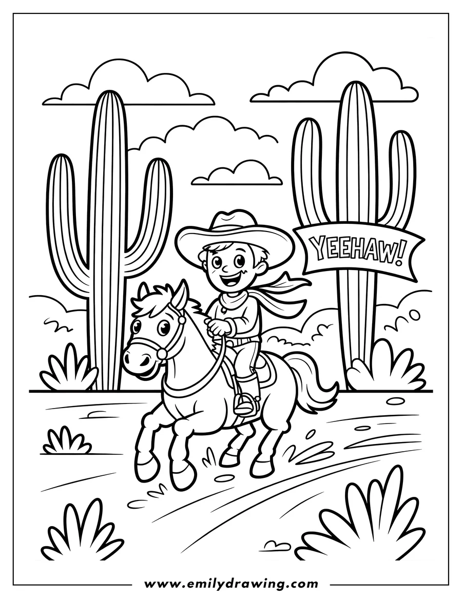 Line art of a cowboy riding a horse in the desert with cacti and clouds.