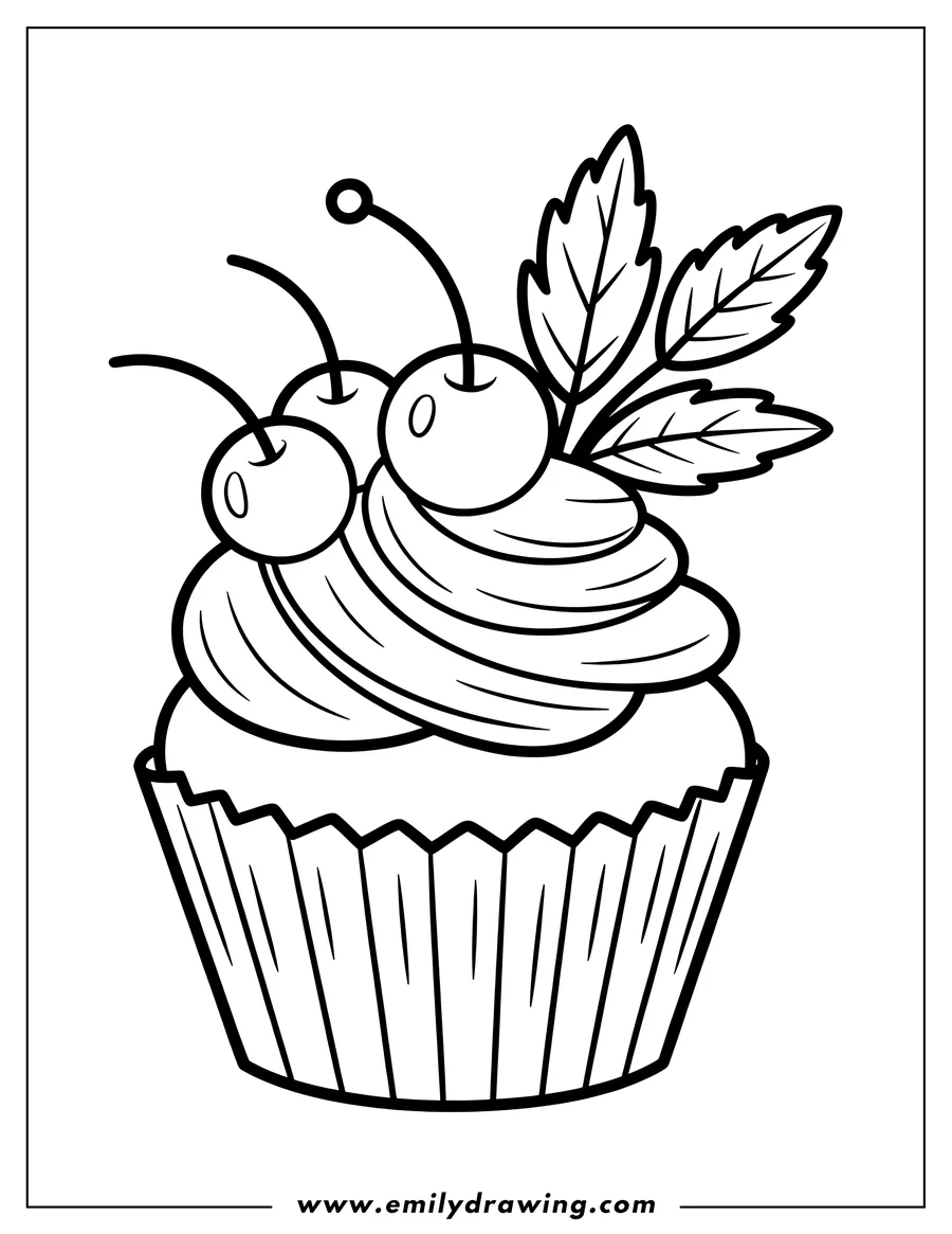 Line art of a cupcake with swirly frosting, topped with two cherries and leaves.