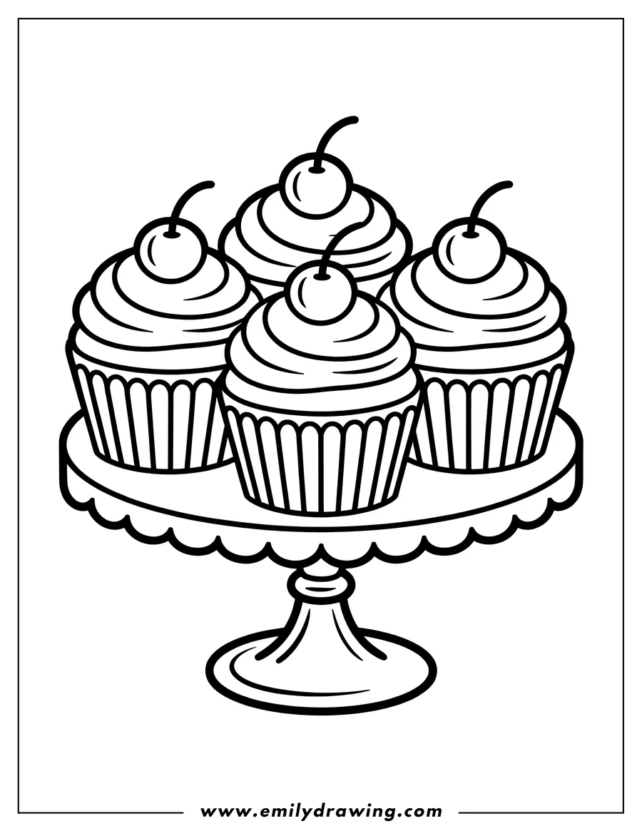 Outline of four cupcakes with cherries on top, arranged on a decorative cake stand.