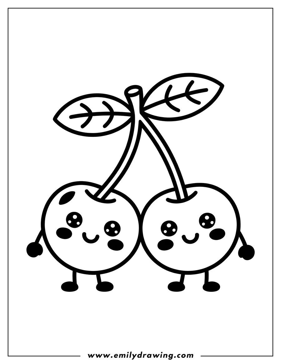 Line art of two smiling cherries holding hands with a leaf at the top.