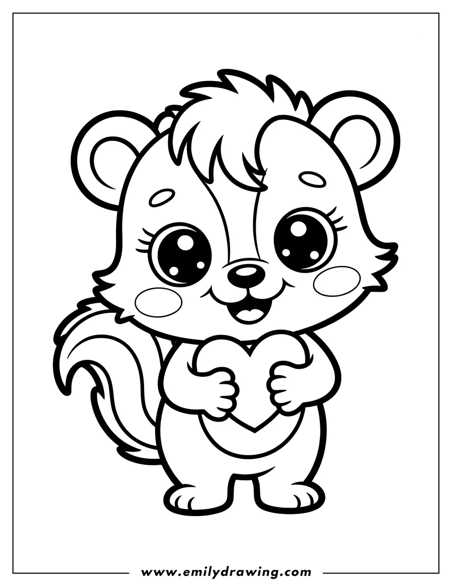 Outline of a cute skunk holding a large heart, smiling happily.