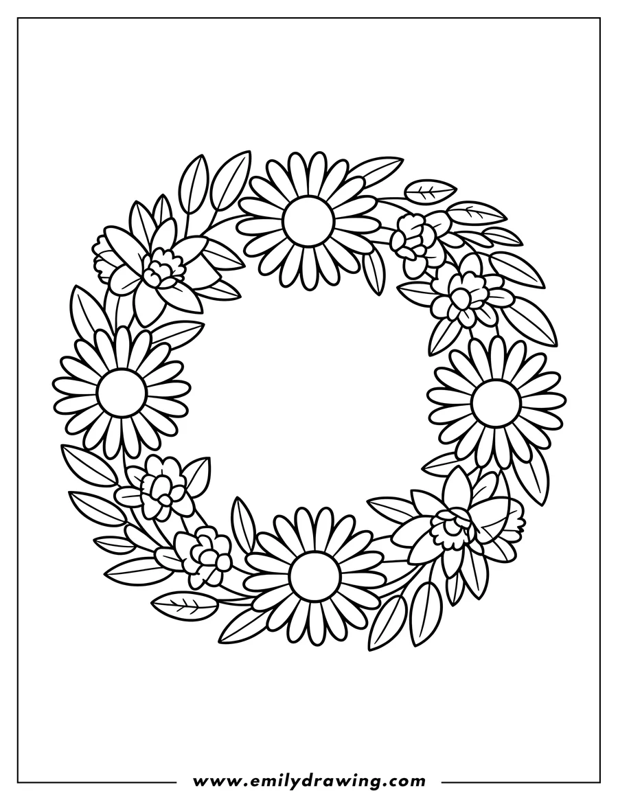 Outline of daisies, daffodils, and small flowers arranged in a circular wreath with leaves.