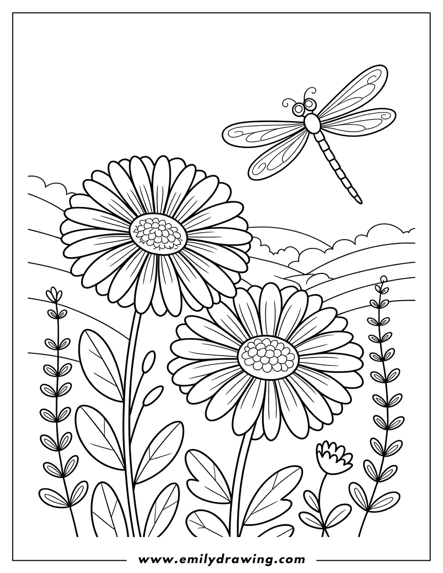 Line art of two daisies with a dragonfly flying overhead. Rolling hills are visible in the background.